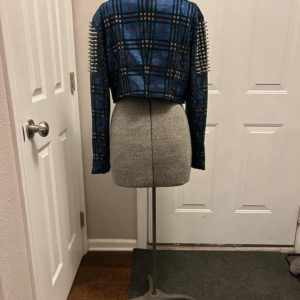 RARE Rhinestone and Riveted Spiked Clueless Plaid Cropped Leather Moto Jacket !! - Picture 7 of 7